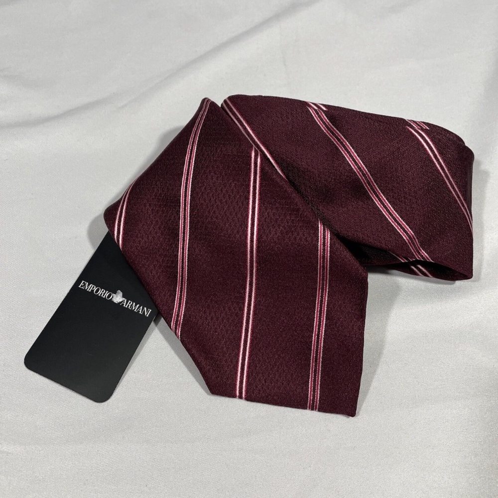 NEW $225 Emporio Armani‎ Striped Silk Jacquard Tie in Burgundy Red